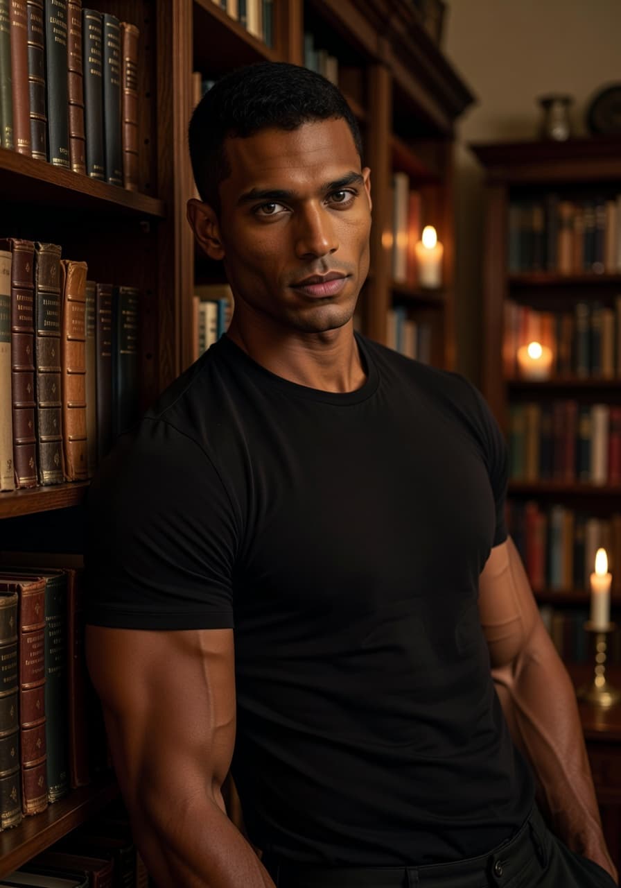 AI Generated - Qutoan in a cozy candlelit library at night, leani