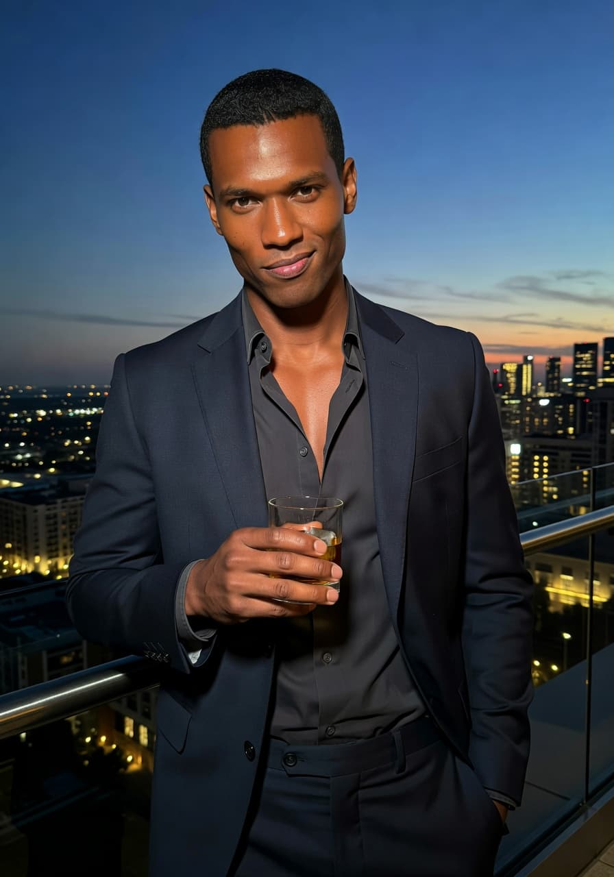 AI Generated - Qutoan dressed sharply in a rooftop bar at twiligh