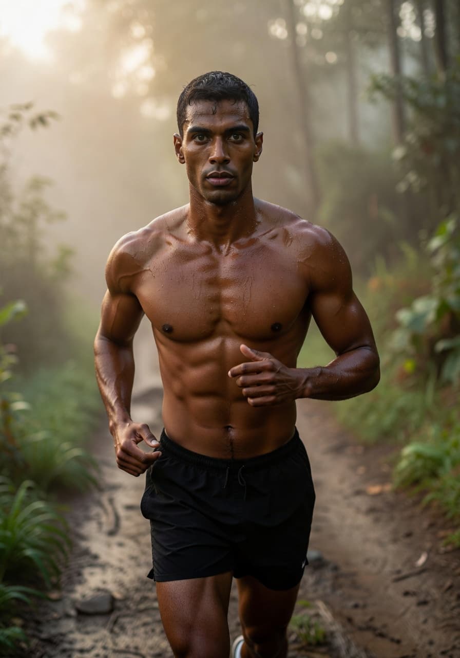 AI Generated - Qutoan jogging through misty forest trails at dawn