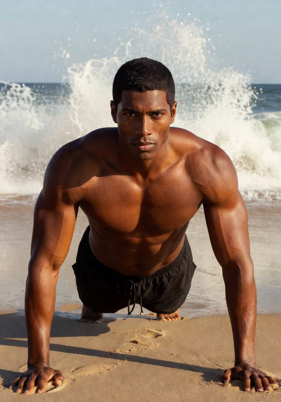 AI Generated - Qutoan shirtless on a sunlit beach, mid-pushup wit